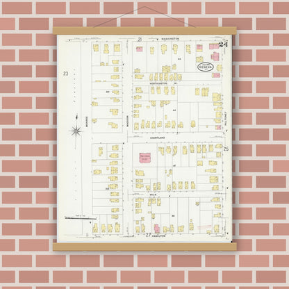 Old map wall art mockup — magnetic wood frame on brick wall — Sanborn Fire Insurance Map from Geneva, Ontario County, New York (1909), Sheet #0024