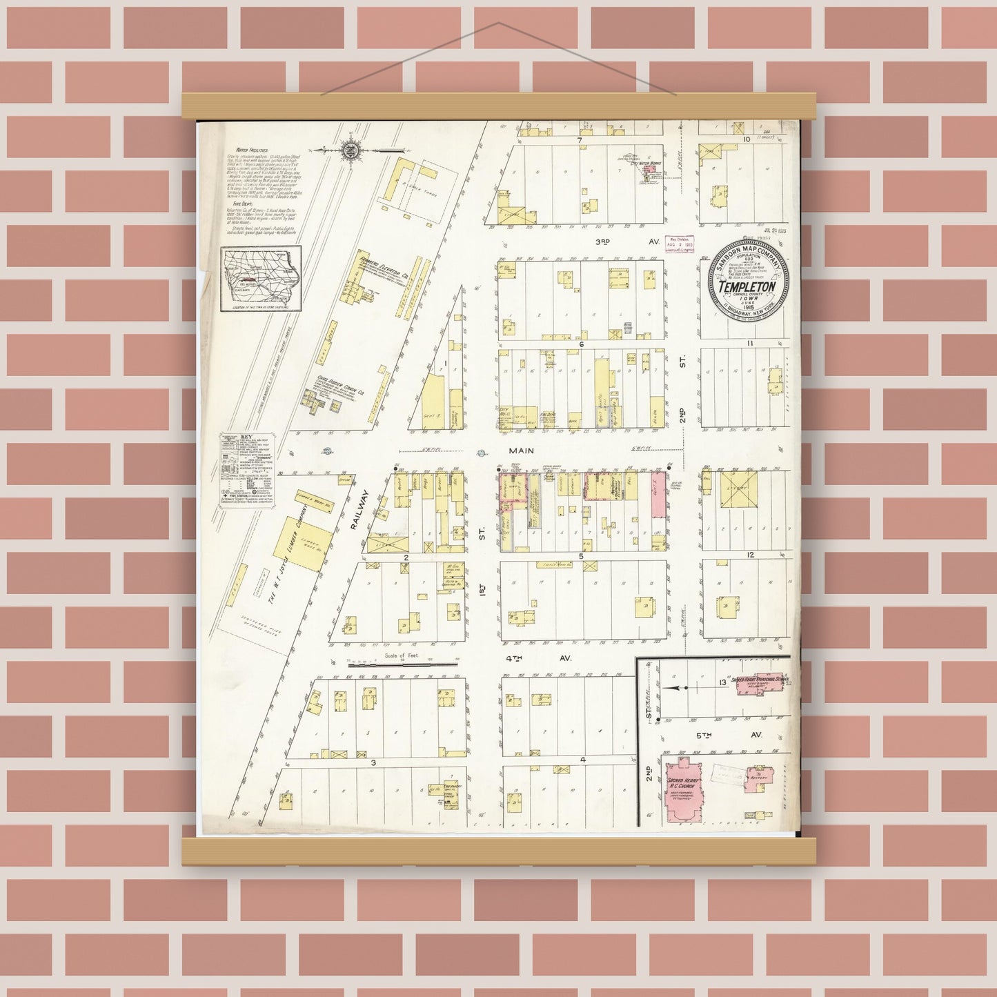 Old map wall art mockup — magnetic wood frame on brick wall — Sanborn Fire Insurance Map from Templeton, Carroll County, Iowa (1915), Sheet #0001