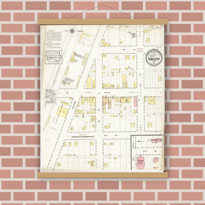 Old map wall art mockup — magnetic wood frame on brick wall — Sanborn Fire Insurance Map from Templeton, Carroll County, Iowa (1915), Sheet #0001