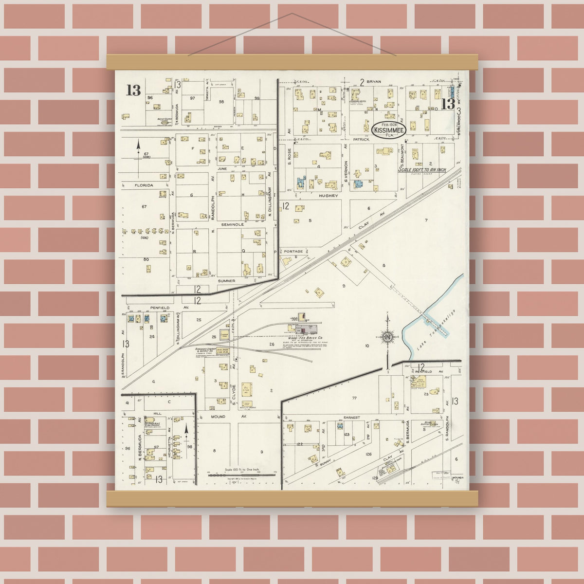 Old map wall art mockup — magnetic wood frame on brick wall — Sanborn Fire Insurance Map from Kissimmee, Osceola County, Florida (1926), Sheet #0013