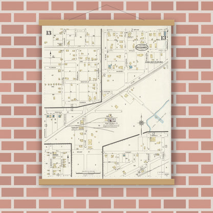 Old map wall art mockup — magnetic wood frame on brick wall — Sanborn Fire Insurance Map from Kissimmee, Osceola County, Florida (1926), Sheet #0013