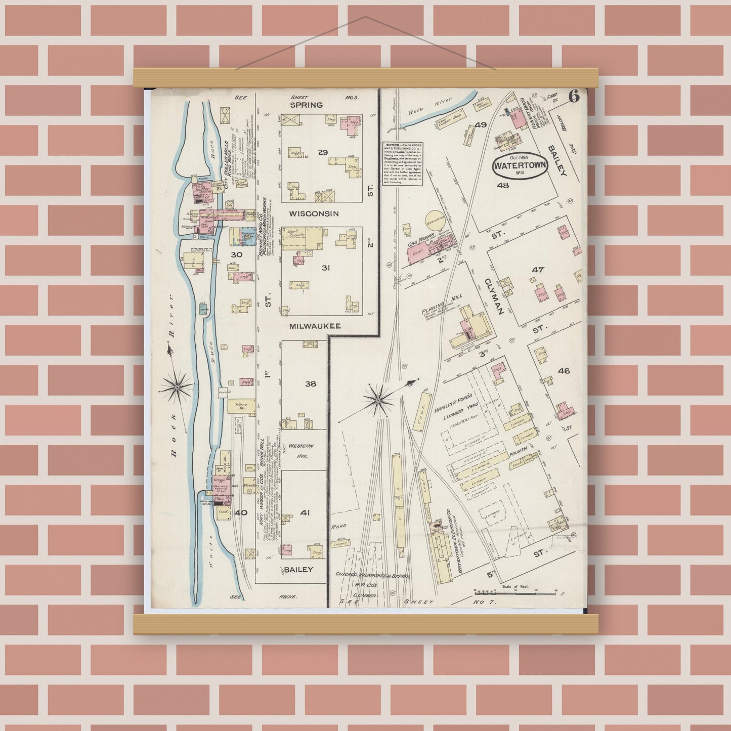 Old map wall art mockup — magnetic wood frame on brick wall — Sanborn Fire Insurance Map from Watertown, Jefferson County, Wisconsin (1884), Sheet #0006