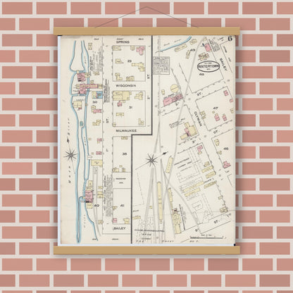 Old map wall art mockup — magnetic wood frame on brick wall — Sanborn Fire Insurance Map from Watertown, Jefferson County, Wisconsin (1884), Sheet #0006