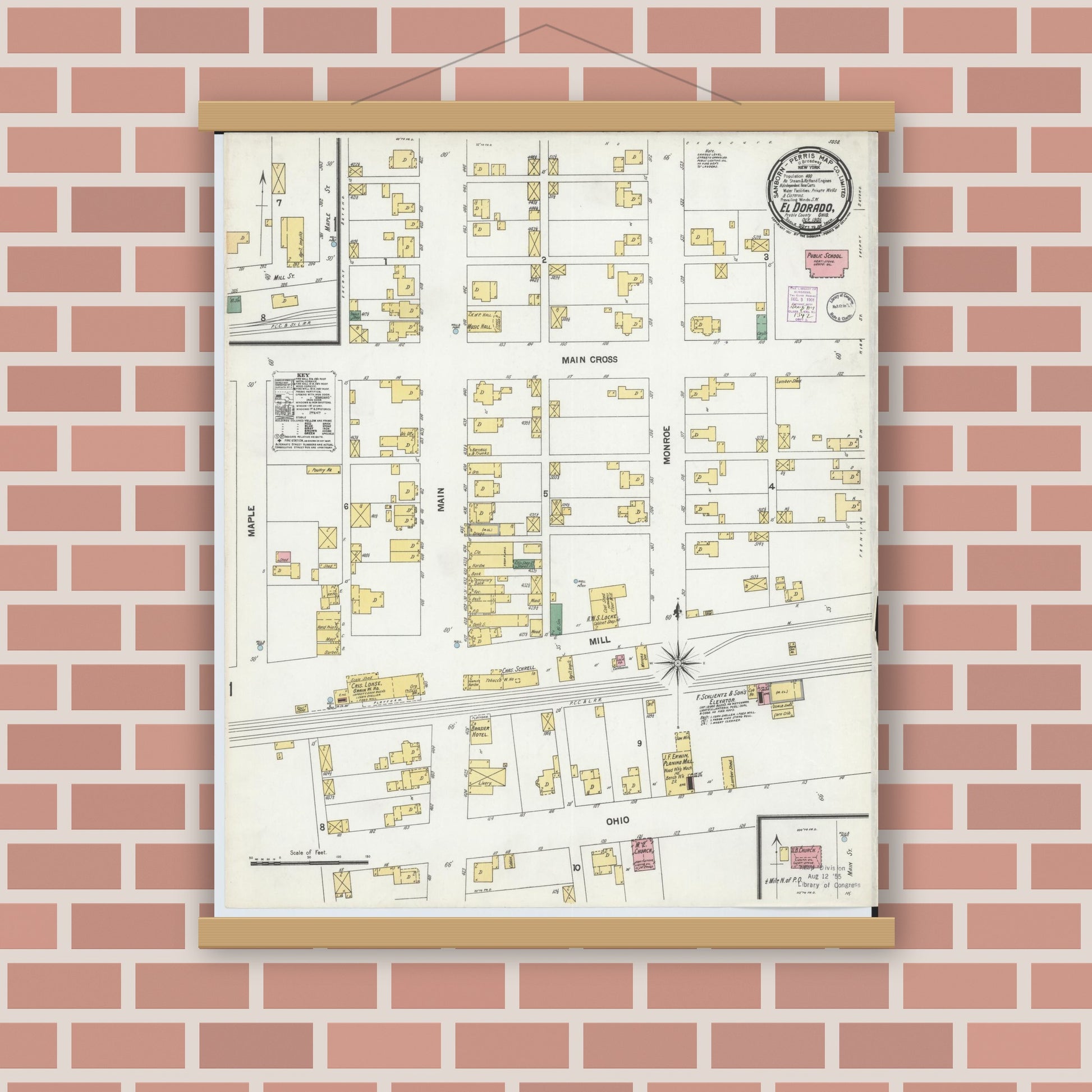 Old map wall art mockup — magnetic wood frame on brick wall — Sanborn Fire Insurance Map from El Dorado, Preble County, Ohio (1901), Sheet #0001