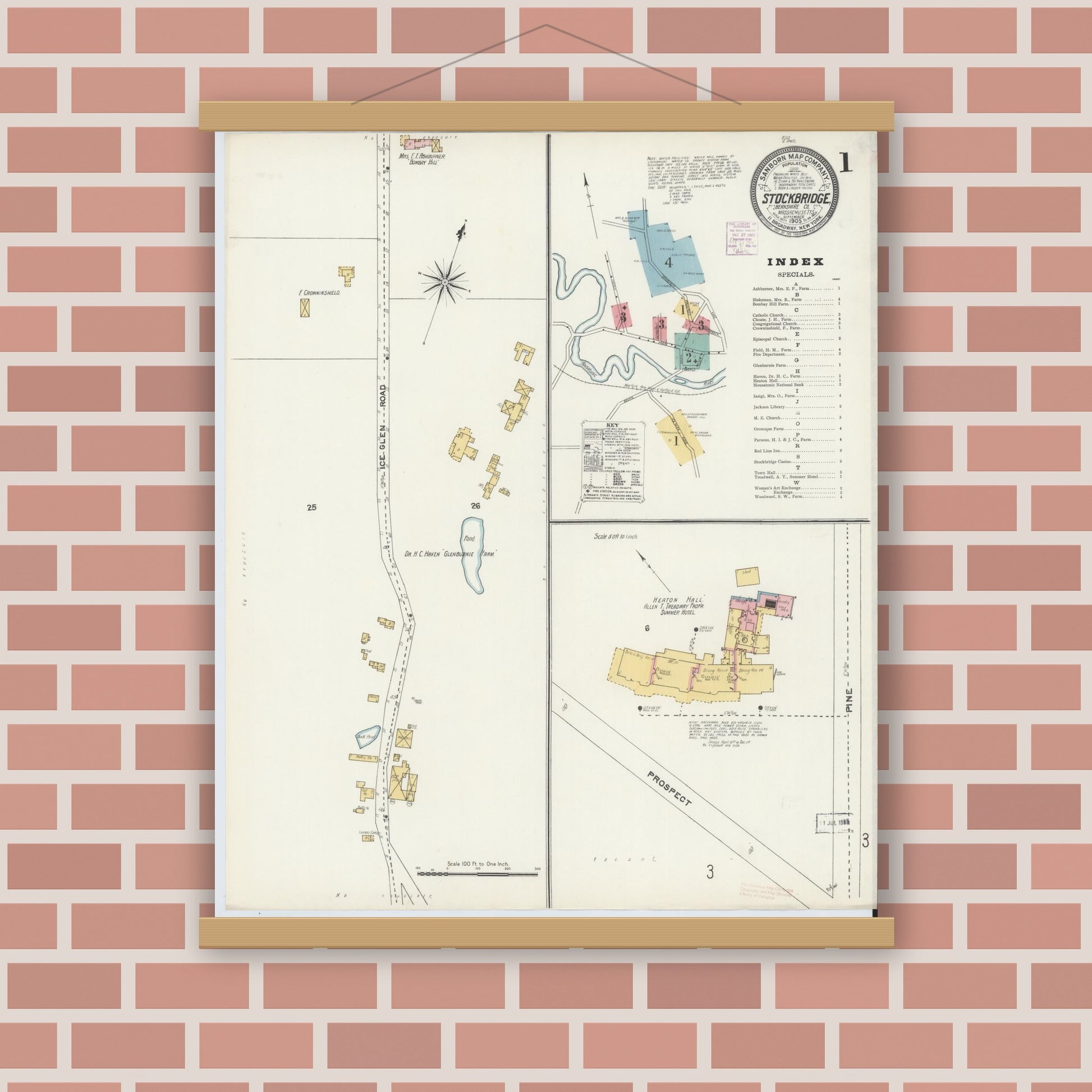 Old map wall art mockup — magnetic wood frame on brick wall — Sanborn Fire Insurance Map from Stockbridge, Berkshire County, Massachusetts (1905), Sheet #0001