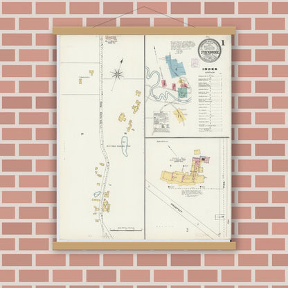 Old map wall art mockup — magnetic wood frame on brick wall — Sanborn Fire Insurance Map from Stockbridge, Berkshire County, Massachusetts (1905), Sheet #0001