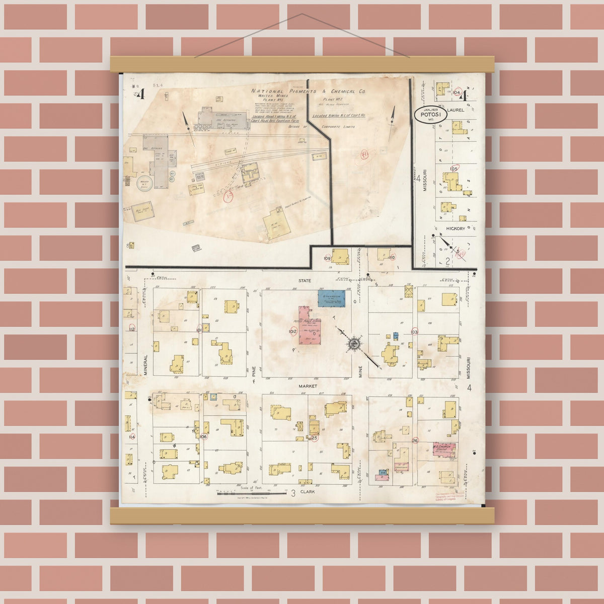 Old map wall art mockup — magnetic wood frame on brick wall — Sanborn Fire Insurance Map from Potosi, Washngton County, Missouri (1942), Sheet #0004
