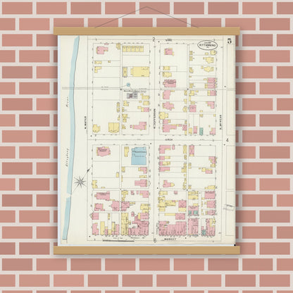 Old map wall art mockup — magnetic wood frame on brick wall — Sanborn Fire Insurance Map from Kittanning, Armstrong County, Pennsylvania (1897), Sheet #0005