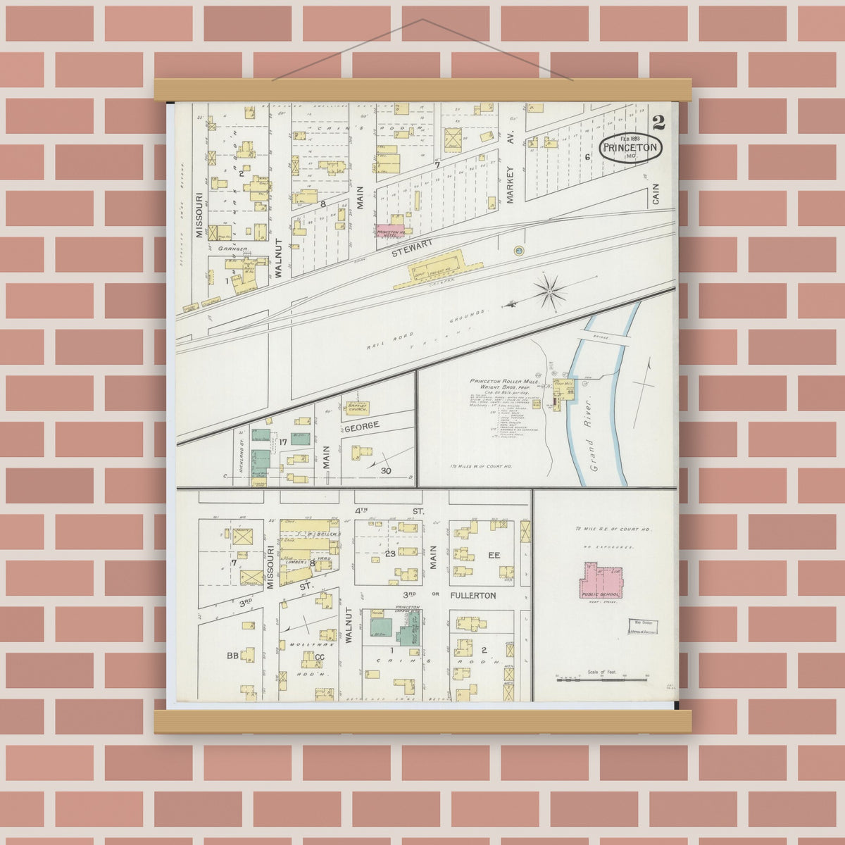 Old map wall art mockup — magnetic wood frame on brick wall — Sanborn Fire Insurance Map from Princeton, Mercer County, Missouri (1893), Sheet #0002
