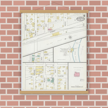 Old map wall art mockup — magnetic wood frame on brick wall — Sanborn Fire Insurance Map from Princeton, Mercer County, Missouri (1893), Sheet #0002