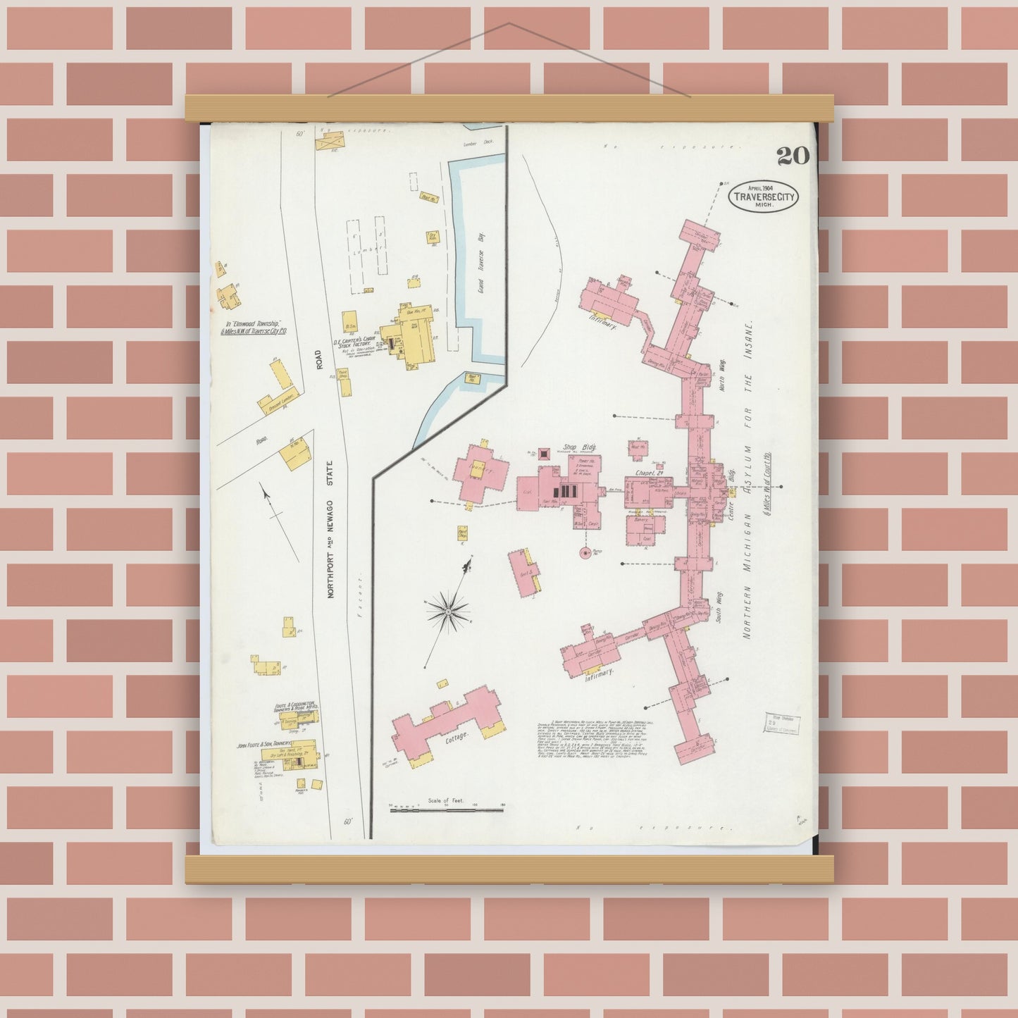 Old map wall art mockup — magnetic wood frame on brick wall — Sanborn Fire Insurance Map from Traverse City, Grand Traverse County, Michigan (1904), Sheet #0020