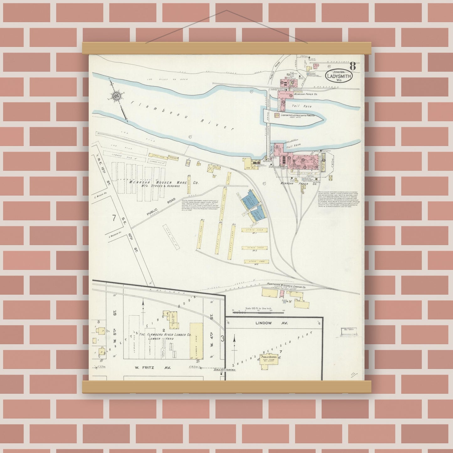 Old map wall art mockup — magnetic wood frame on brick wall — Sanborn Fire Insurance Map from Ladysmith, Rusk County, Wisconsin (1914), Sheet #0008