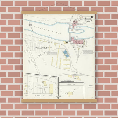 Old map wall art mockup — magnetic wood frame on brick wall — Sanborn Fire Insurance Map from Ladysmith, Rusk County, Wisconsin (1914), Sheet #0008