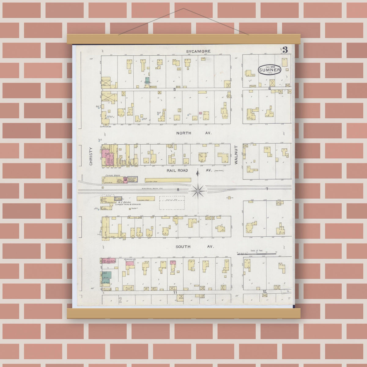 Old map wall art mockup — magnetic wood frame on brick wall — Sanborn Fire Insurance Map from Sumner, Lawrence County, Illinois (1894), Sheet #0003