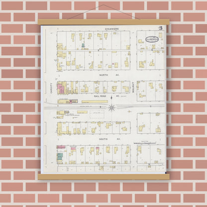 Old map wall art mockup — magnetic wood frame on brick wall — Sanborn Fire Insurance Map from Sumner, Lawrence County, Illinois (1894), Sheet #0003