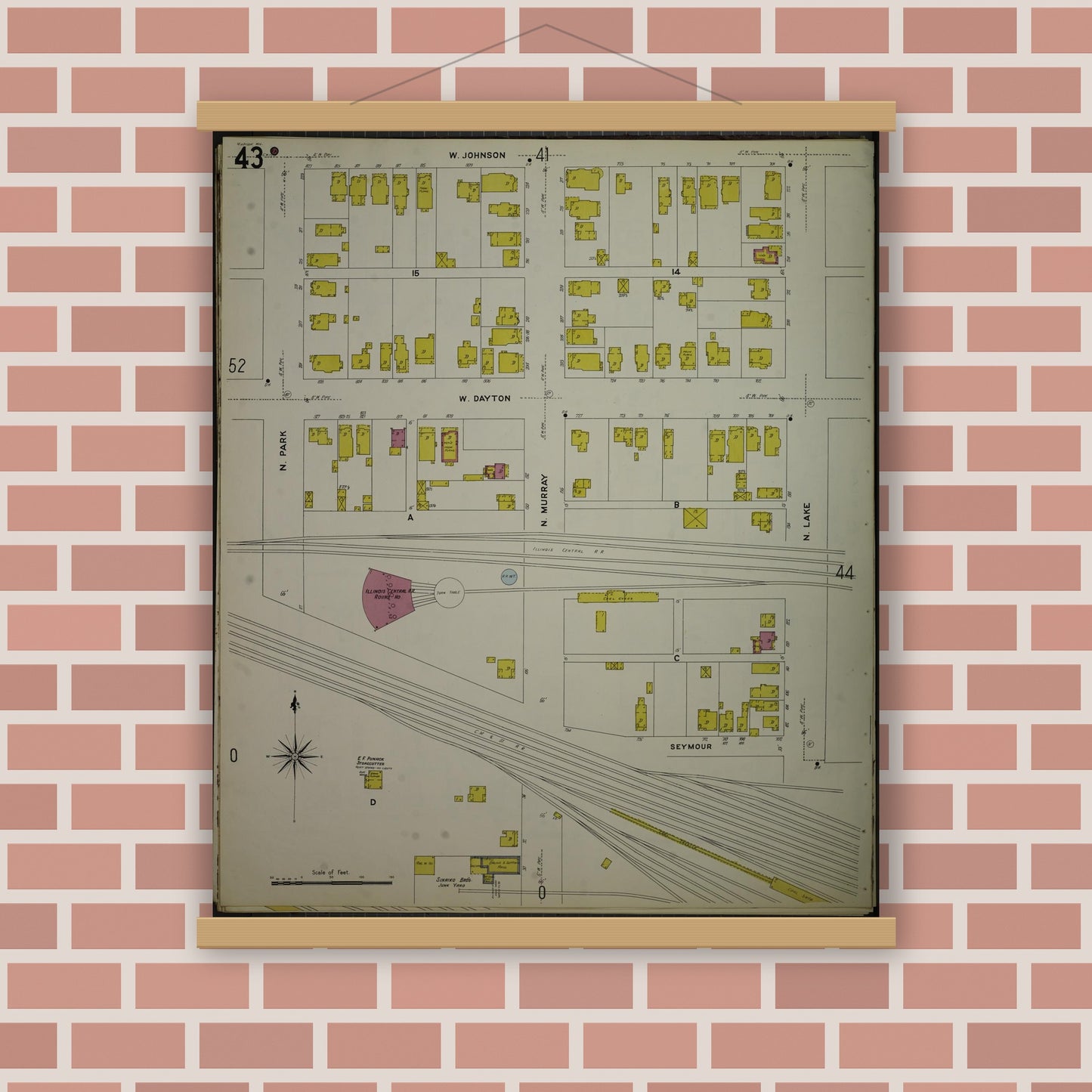 Old map wall art mockup — magnetic wood frame on brick wall — Sanborn Fire Insurance Map from Madison, Dane County, Wisconsin (1908), Sheet #0043
