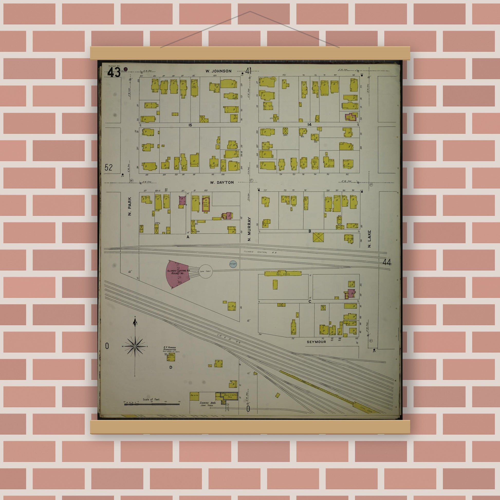 Old map wall art mockup — magnetic wood frame on brick wall — Sanborn Fire Insurance Map from Madison, Dane County, Wisconsin (1908), Sheet #0043