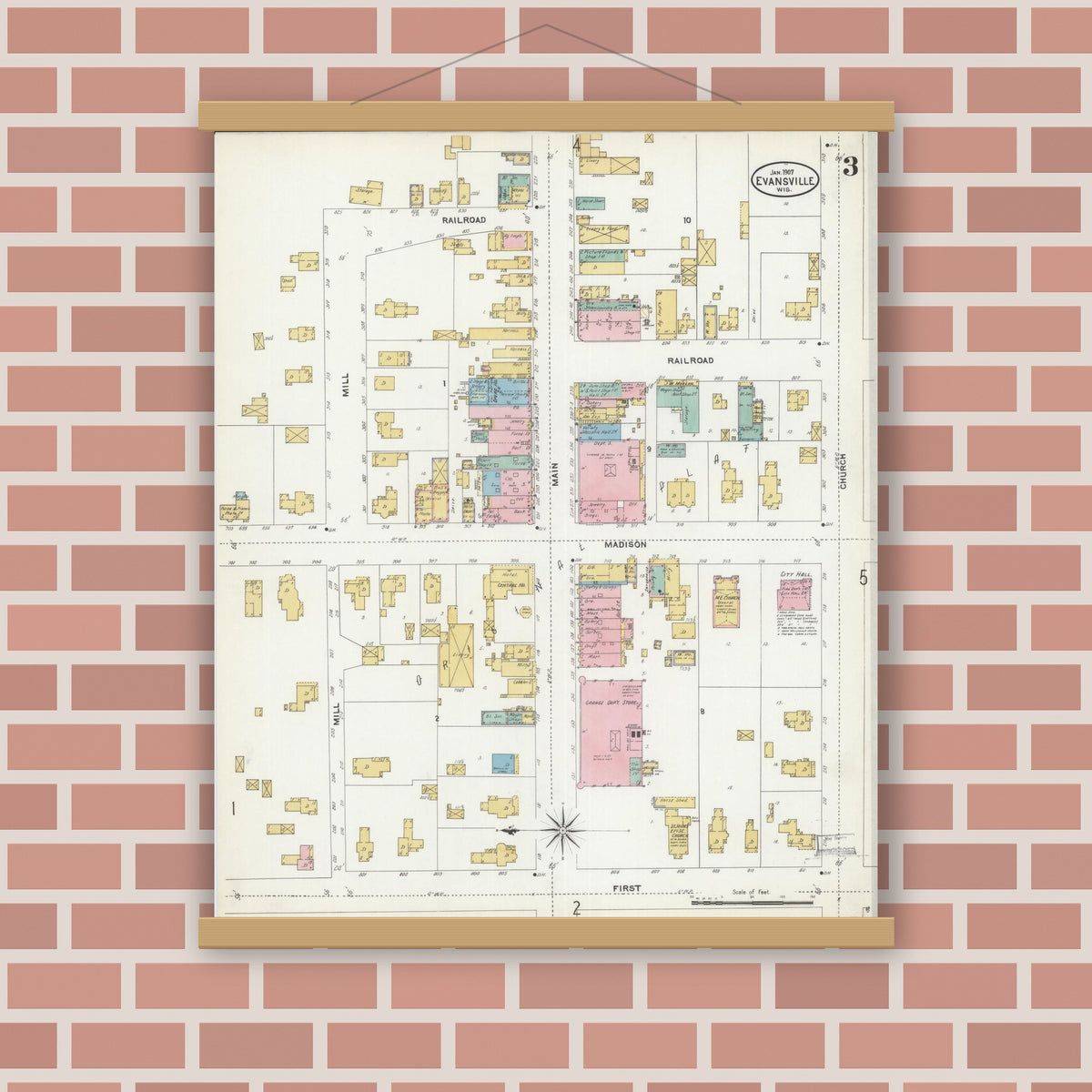 Old map wall art mockup — magnetic wood frame on brick wall — Sanborn Fire Insurance Map from Evansville, Rock County, Wisconsin (1907), Sheet #0003
