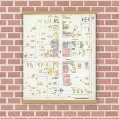 Old map wall art mockup — magnetic wood frame on brick wall — Sanborn Fire Insurance Map from Evansville, Rock County, Wisconsin (1907), Sheet #0003