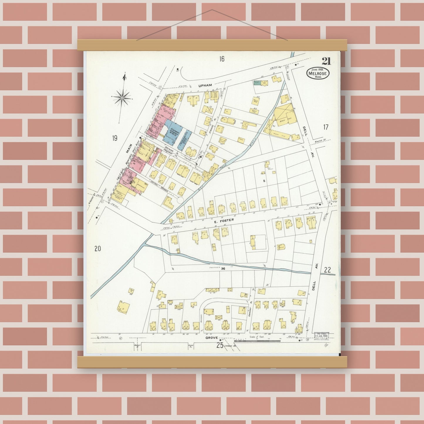 Old map wall art mockup — magnetic wood frame on brick wall — Sanborn Fire Insurance Map from Melrose, Middlesex County, Massachusetts (1909), Sheet #0021
