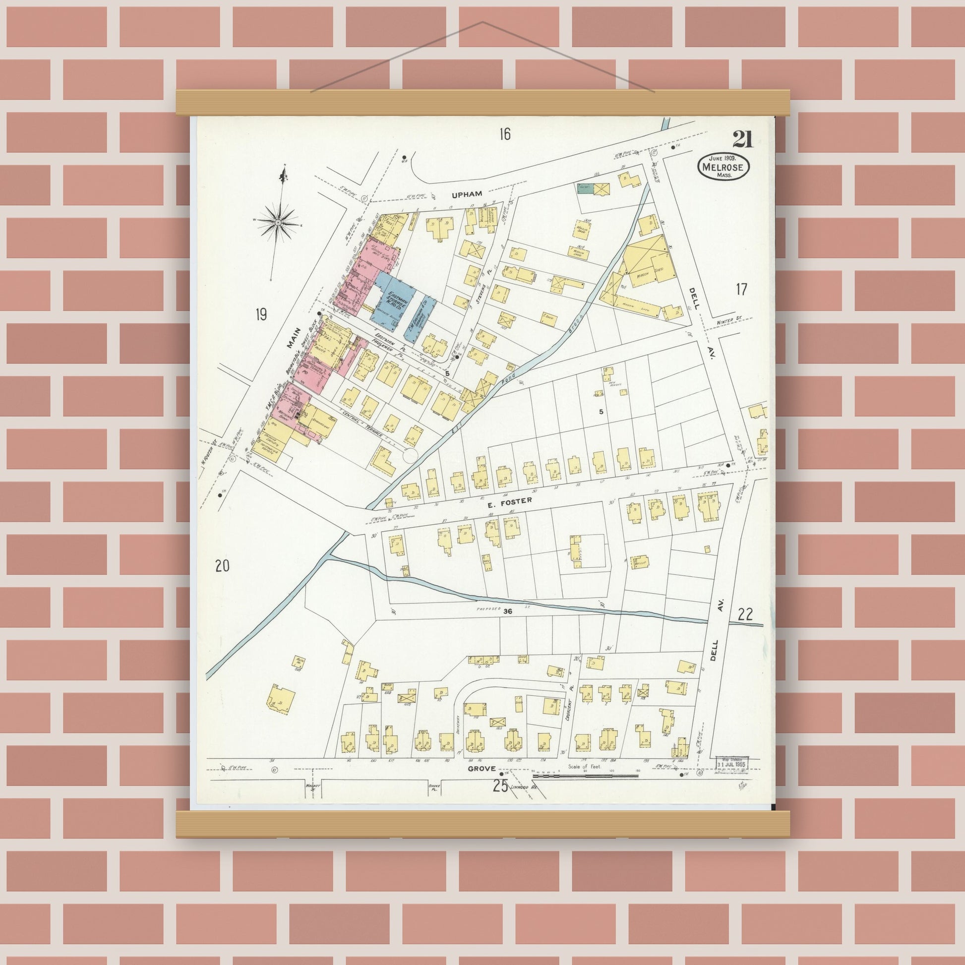 Old map wall art mockup — magnetic wood frame on brick wall — Sanborn Fire Insurance Map from Melrose, Middlesex County, Massachusetts (1909), Sheet #0021