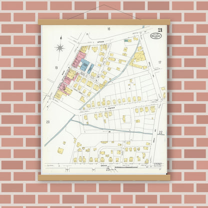 Old map wall art mockup — magnetic wood frame on brick wall — Sanborn Fire Insurance Map from Melrose, Middlesex County, Massachusetts (1909), Sheet #0021