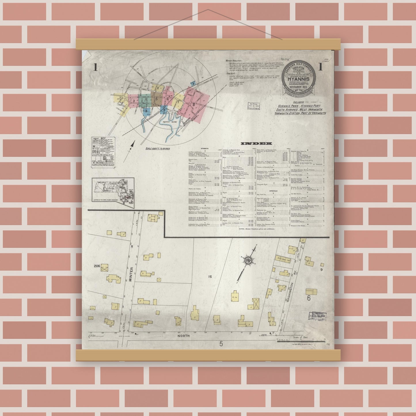Old map wall art mockup — magnetic wood frame on brick wall — Sanborn Fire Insurance Map from Hyannis, Barnstable County, Massachusetts (1924) - Complete Map Set