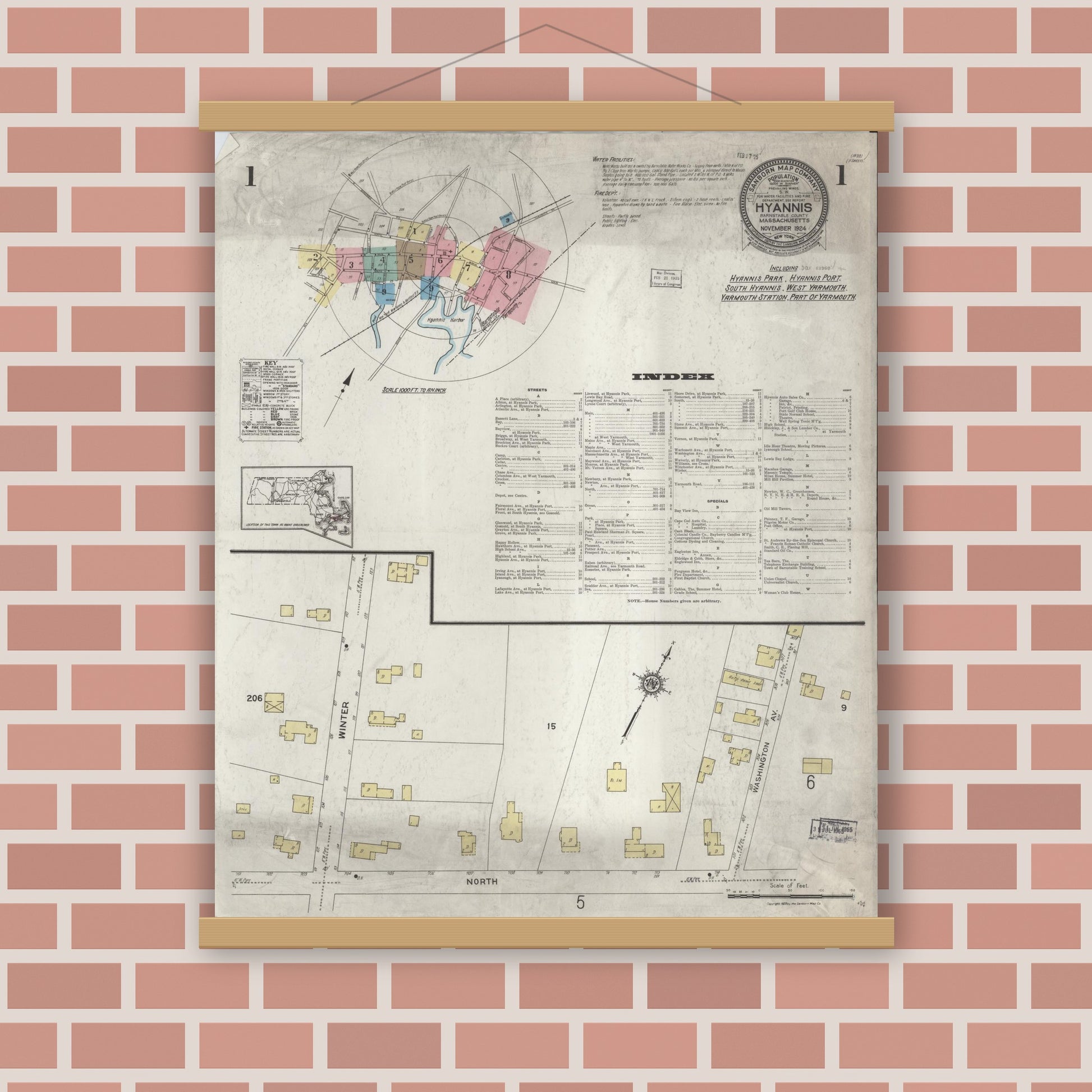 Old map wall art mockup — magnetic wood frame on brick wall — Sanborn Fire Insurance Map from Hyannis, Barnstable County, Massachusetts (1924) - Complete Map Set
