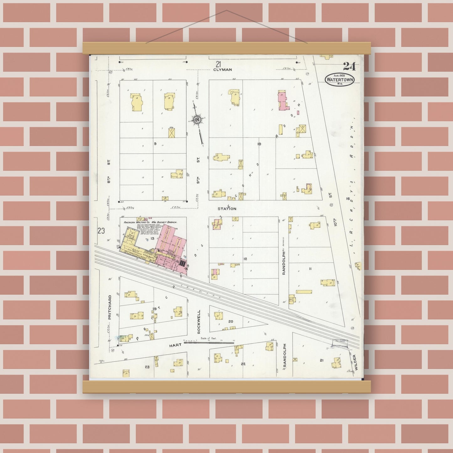 Old map wall art mockup — magnetic wood frame on brick wall — Sanborn Fire Insurance Map from Watertown, Jefferson County, Wisconsin (1909), Sheet #0024