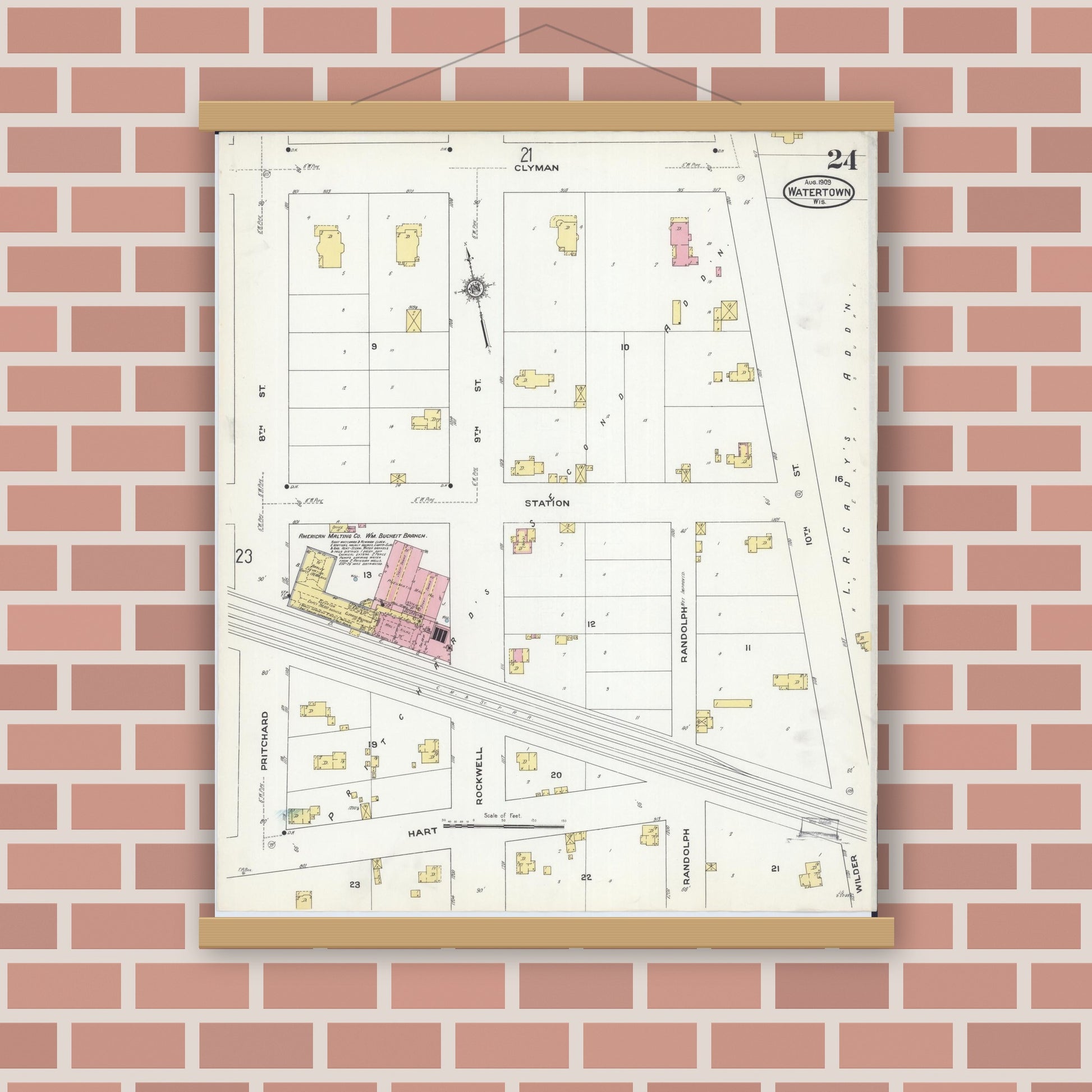 Old map wall art mockup — magnetic wood frame on brick wall — Sanborn Fire Insurance Map from Watertown, Jefferson County, Wisconsin (1909), Sheet #0024