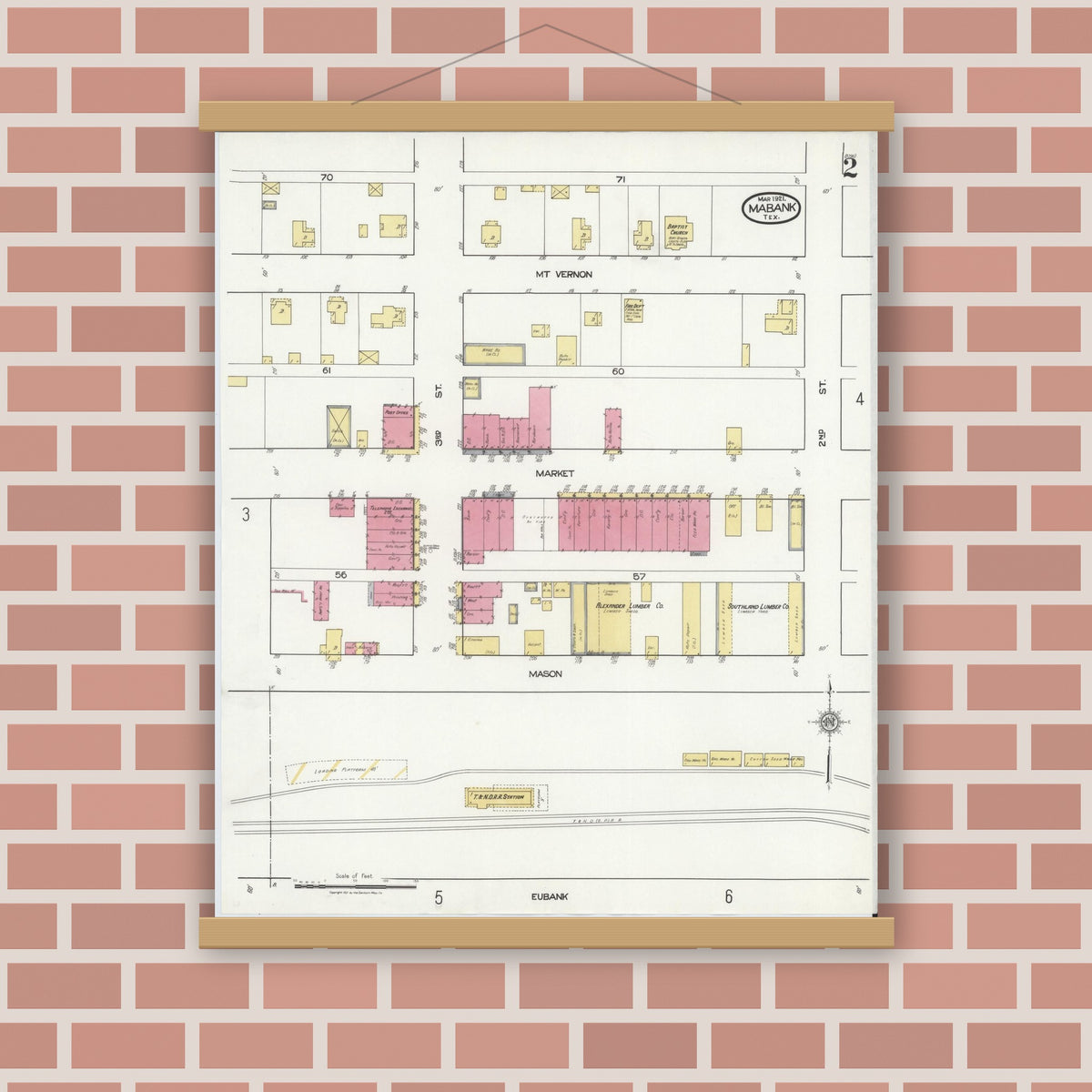 Old map wall art mockup — magnetic wood frame on brick wall — Sanborn Fire Insurance Map from Mabank, Kaufman County, Texas (1921), Sheet #0002