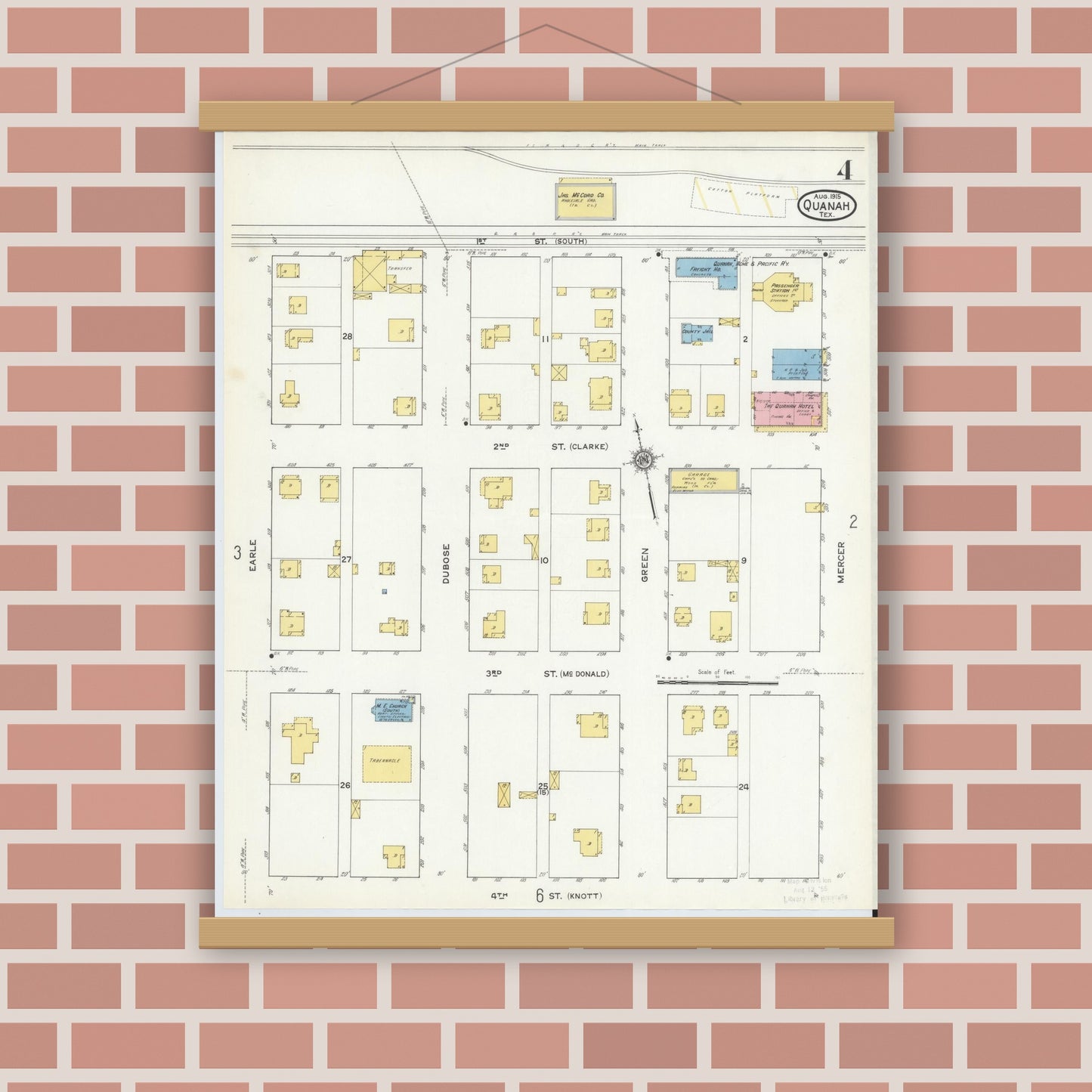 Old map wall art mockup — magnetic wood frame on brick wall — Sanborn Fire Insurance Map from Quanah, Hardeman County, Texas (1915), Sheet #0004