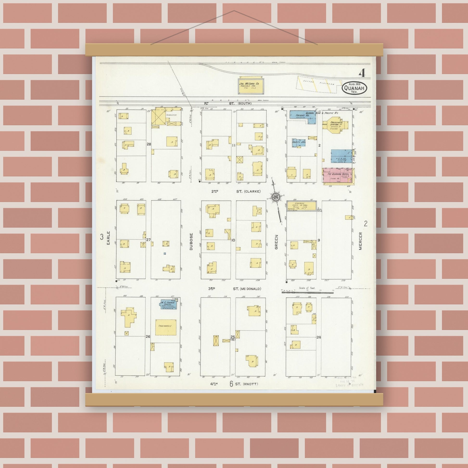 Old map wall art mockup — magnetic wood frame on brick wall — Sanborn Fire Insurance Map from Quanah, Hardeman County, Texas (1915), Sheet #0004