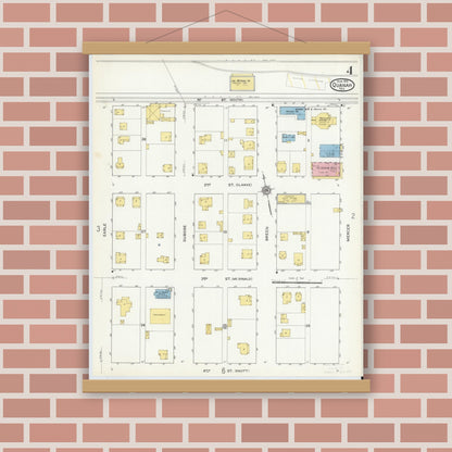 Old map wall art mockup — magnetic wood frame on brick wall — Sanborn Fire Insurance Map from Quanah, Hardeman County, Texas (1915), Sheet #0004