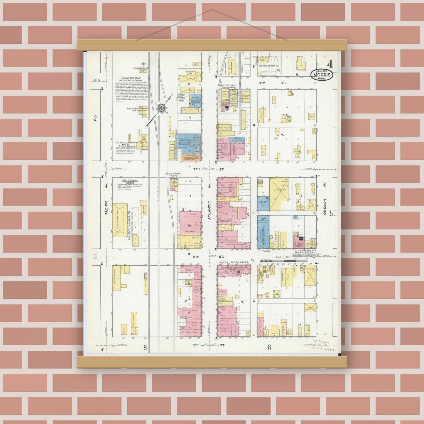 Old map wall art mockup — magnetic wood frame on brick wall — Sanborn Fire Insurance Map from Morris, Stevens County, Minnesota (1915), Sheet #0004