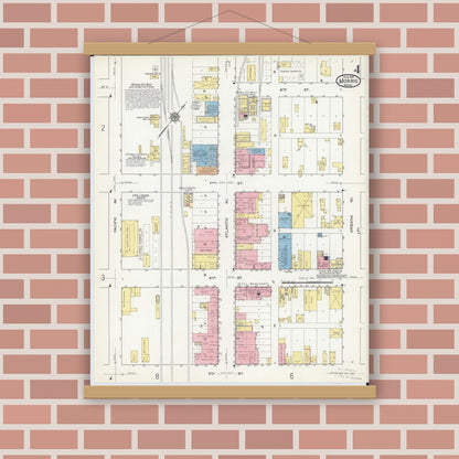 Old map wall art mockup — magnetic wood frame on brick wall — Sanborn Fire Insurance Map from Morris, Stevens County, Minnesota (1915), Sheet #0004