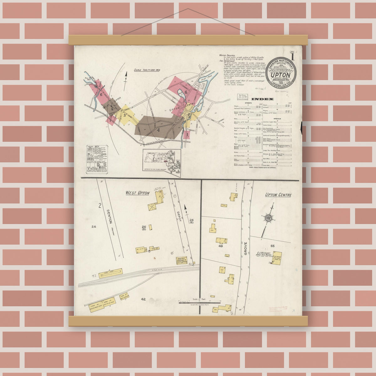 Old map wall art mockup — magnetic wood frame on brick wall — Sanborn Fire Insurance Map from Upton, Worcester County, Massachusetts (1922), Sheet #0001