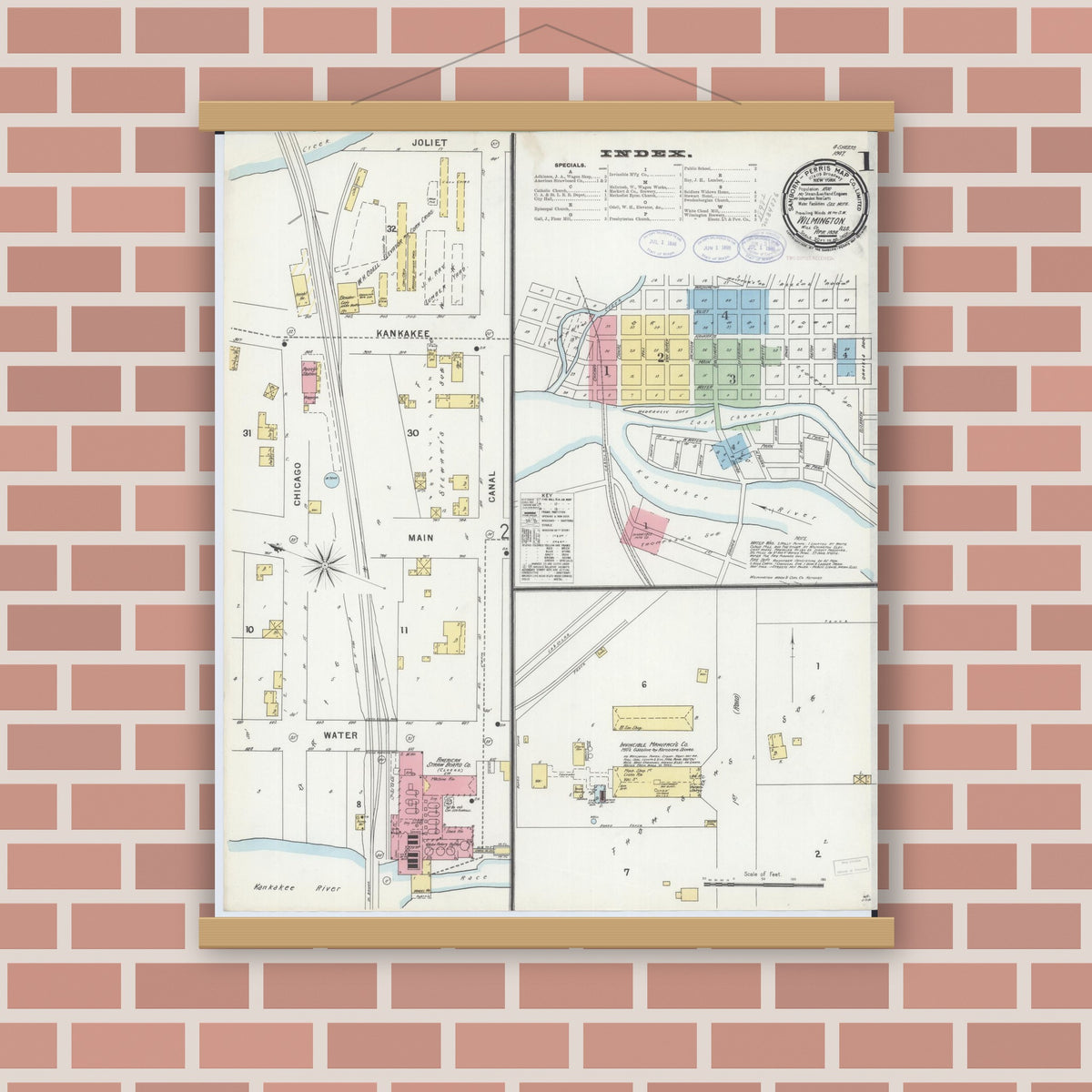 Old map wall art mockup — magnetic wood frame on brick wall — Sanborn Fire Insurance Map from Wilmington, Will County, Illinois (1898) - Complete Map Set