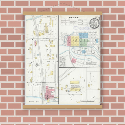 Old map wall art mockup — magnetic wood frame on brick wall — Sanborn Fire Insurance Map from Wilmington, Will County, Illinois (1898) - Complete Map Set