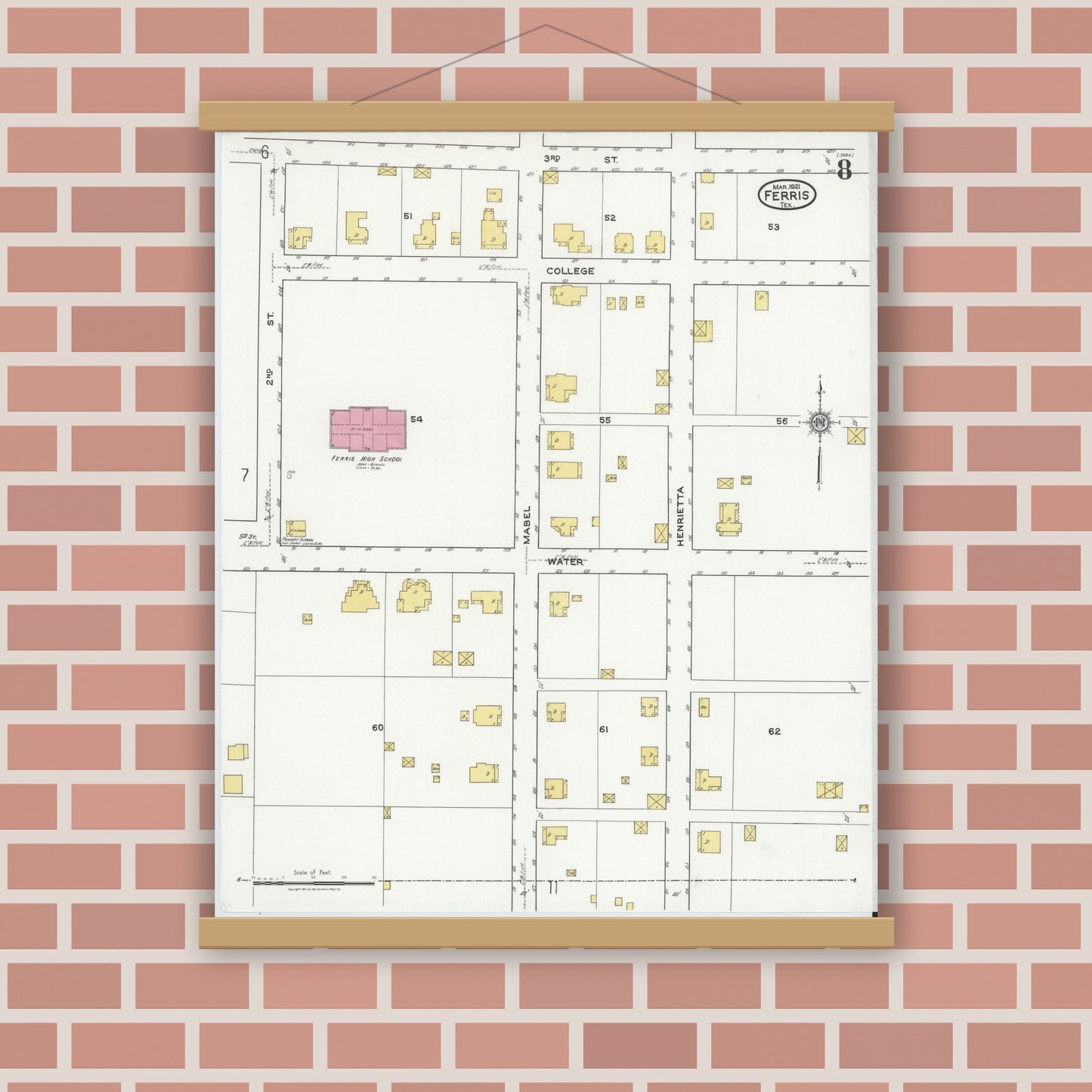 Old map wall art mockup — magnetic wood frame on brick wall — Sanborn Fire Insurance Map from Ferris, Ellis County, Texas (1921), Sheet #0008