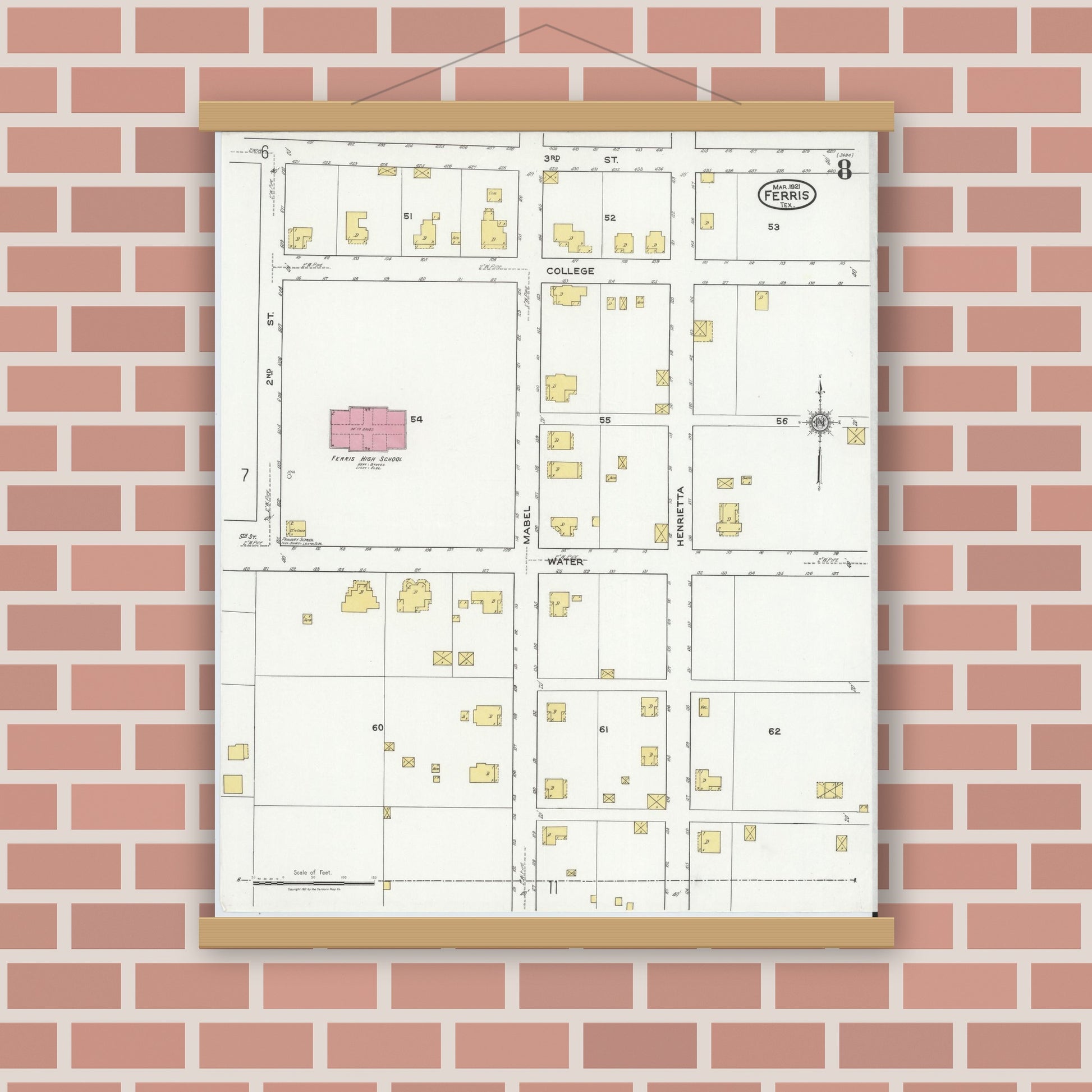 Old map wall art mockup — magnetic wood frame on brick wall — Sanborn Fire Insurance Map from Ferris, Ellis County, Texas (1921), Sheet #0008