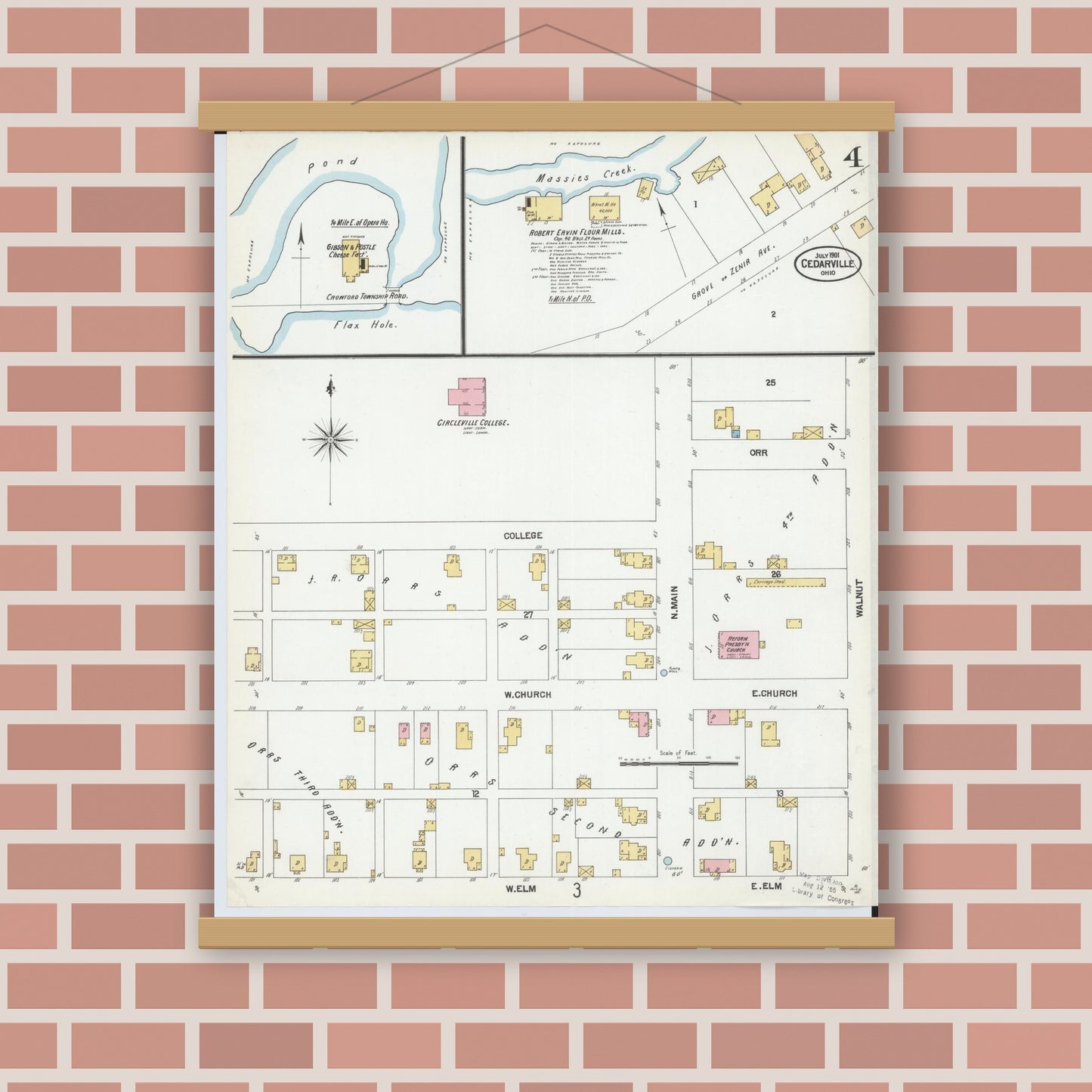 Old map wall art mockup — magnetic wood frame on brick wall — Sanborn Fire Insurance Map from Cedarville, Greene County, Ohio (1901), Sheet #0004