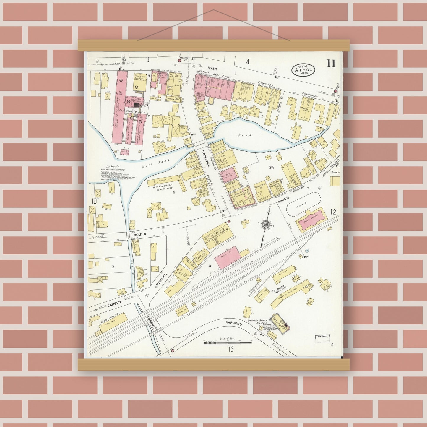 Old map wall art mockup — magnetic wood frame on brick wall — Sanborn Fire Insurance Map from Athol, Worcester County, Massachusetts (1911), Sheet #0011