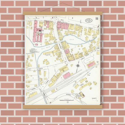 Old map wall art mockup — magnetic wood frame on brick wall — Sanborn Fire Insurance Map from Athol, Worcester County, Massachusetts (1911), Sheet #0011