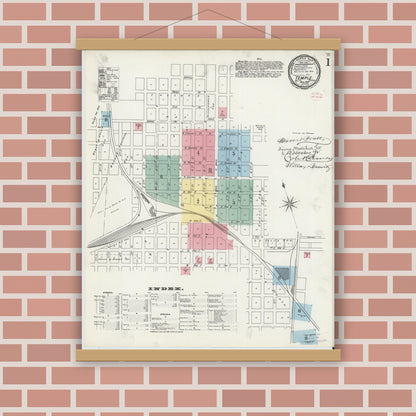 Old map wall art mockup — magnetic wood frame on brick wall — Sanborn Fire Insurance Map from Temple, Bell County, Texas (1896), Sheet #0001