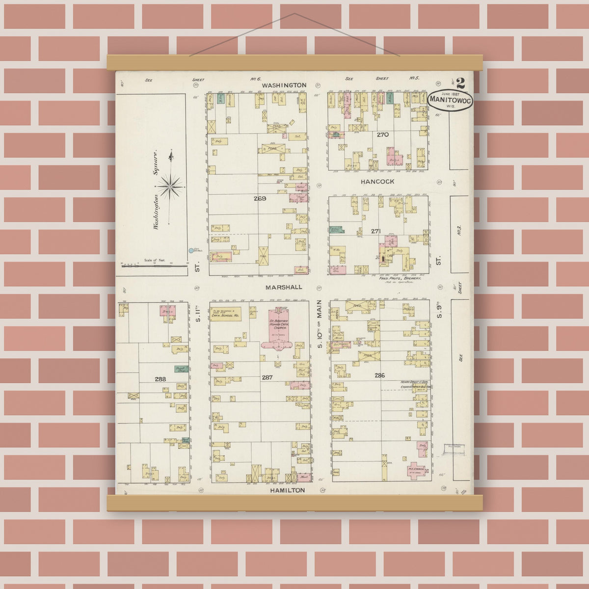 Old map wall art mockup — magnetic wood frame on brick wall — Sanborn Fire Insurance Map from Manitowoc, Manitowoc County, Wisconsin (1887), Sheet #0002
