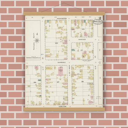 Old map wall art mockup — magnetic wood frame on brick wall — Sanborn Fire Insurance Map from Manitowoc, Manitowoc County, Wisconsin (1887), Sheet #0002