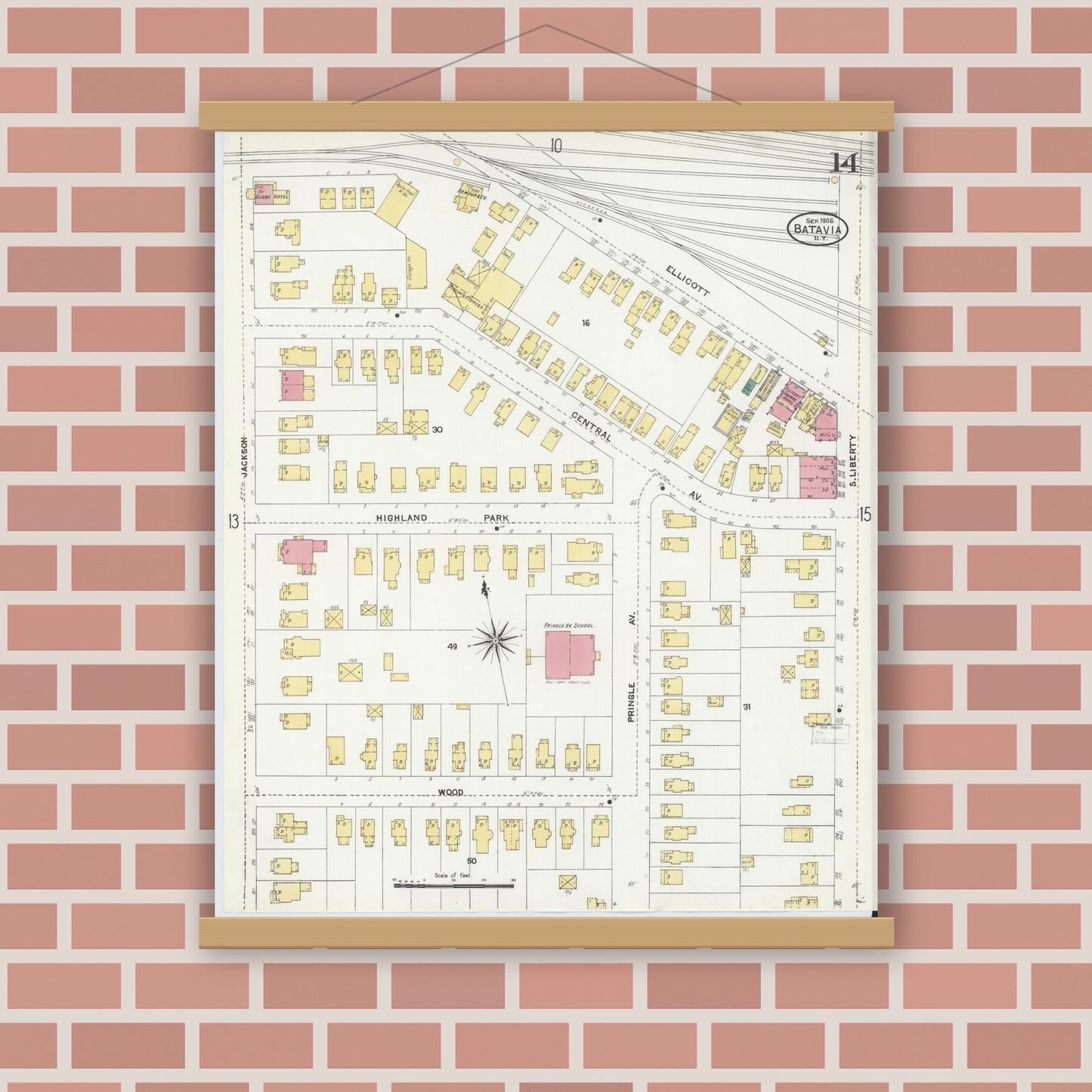 Old map wall art mockup — magnetic wood frame on brick wall — Sanborn Fire Insurance Map from Batavia, Genesee County, New York (1906), Sheet #0014