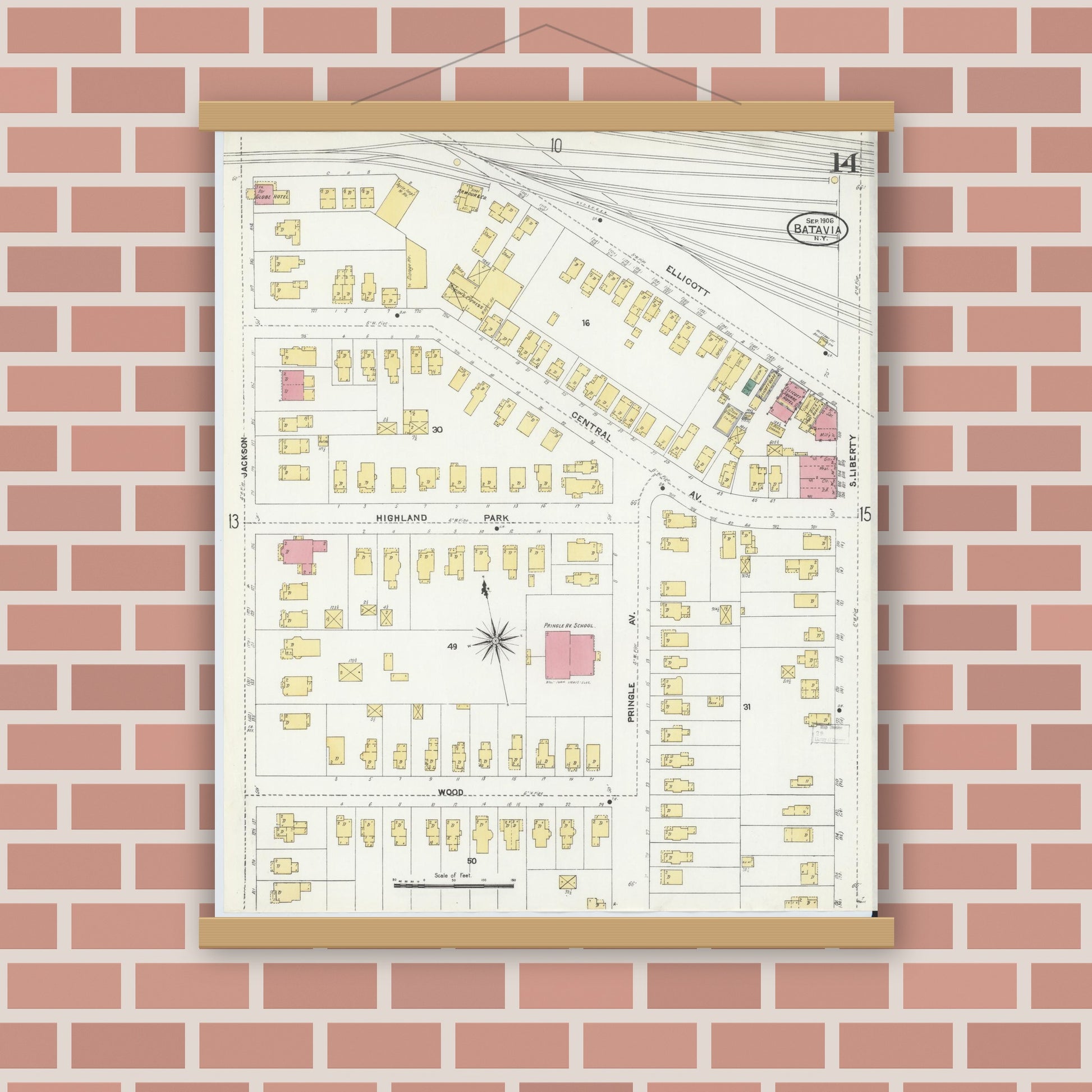 Old map wall art mockup — magnetic wood frame on brick wall — Sanborn Fire Insurance Map from Batavia, Genesee County, New York (1906), Sheet #0014