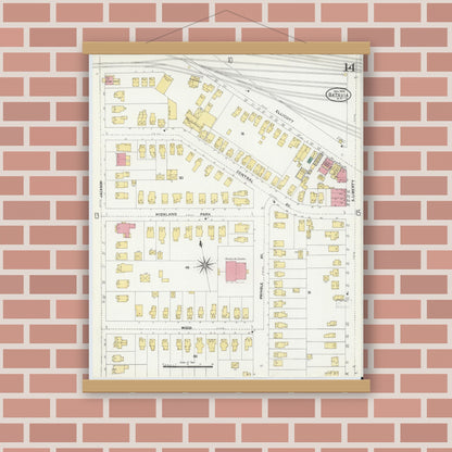 Old map wall art mockup — magnetic wood frame on brick wall — Sanborn Fire Insurance Map from Batavia, Genesee County, New York (1906), Sheet #0014